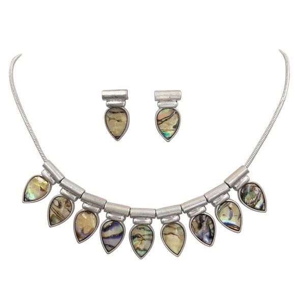 Abalone Shell Teardrop Flair Necklace Earring Set - Picture 1 of 4